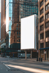 Obraz premium Vertical blank white billboard on city street, tall buildings and a road in background. Advertisement mockup.