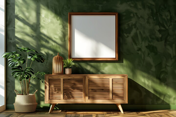 Horizontal blank frame mockup in living interior with slat sideboard wicker lantern and plant in basket on empty green wall background. 3D rendering illustration