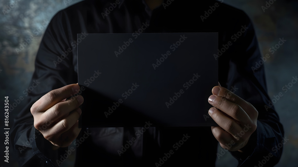 Aufkleber Man showing blank black flyer brochure Read detailed booklet Leaflet presentation Pamphlet hold hands Man show clear offset paper Sheet template Booklet design sheet display read first : Generative AI