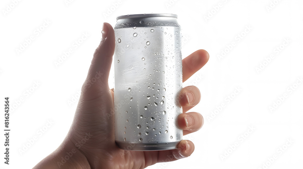 Aufkleber closeup of hand holding empty aluminum can with condensation isolated on white background front view