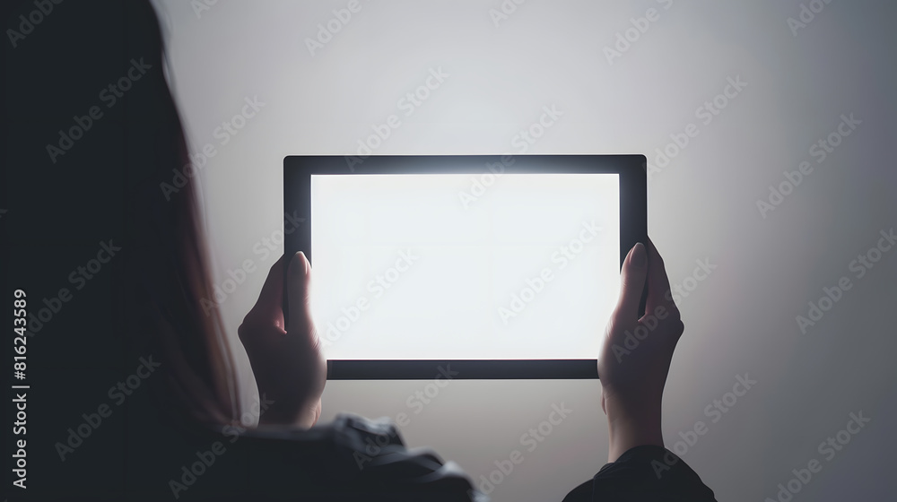 Aufkleber top view mockup image of a business woman holding digital tablet with blank white desktop screen : g