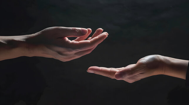 Give two hands with nothing on both on dark background with copy space Closeup receiving gesture of outstretched cupped empty open hands Concept of giving donation receiving asking and : Generative AI