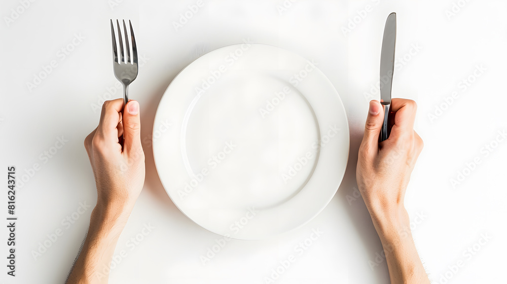 Poster Fork and knife in hands on white background with white empty plate : Generative AI