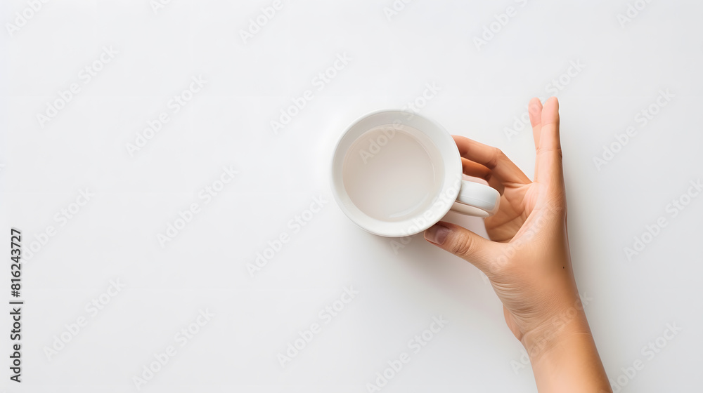 Aufkleber female hand holding empty coffee cup isolated on white background with clipping path top view flat l