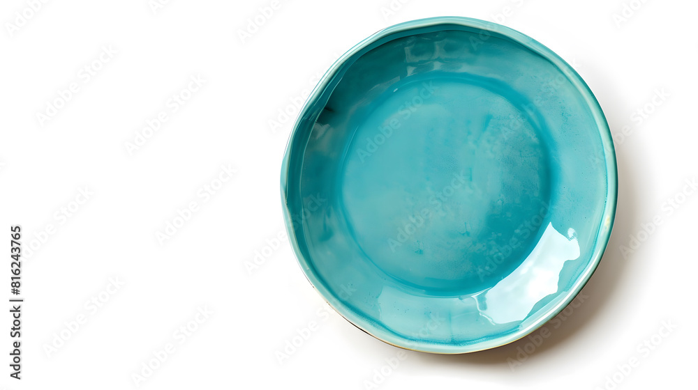 Poster empty trendy handmade ceramic dish tablewares round empty plate pastel blue turquoise aqua texture v