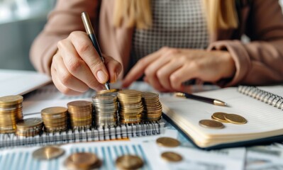 Fototapeta premium Businesswoman's hands putting coins into a stack on a white desk with a notebook and pen, representing the financial concept of money.