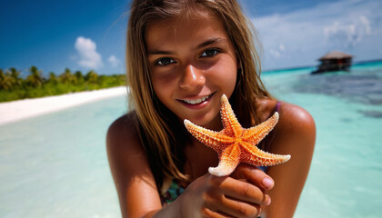 A tourist girl in close up on a sandy beach
of the Maldives in the water holds a starfish in her hands.  An interesting photo of a trip to a tropical country.