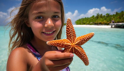 A tourist girl in close up on a sandy beach
of the Maldives in the water holds a starfish in her hands.  An interesting photo of a trip to a tropical country.
