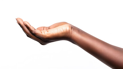 Close up of african american woman hand with palm facing upwards with copy space Woman hand showing empty hand isolated against white background Empty open female palm ready for your b : Generative AI