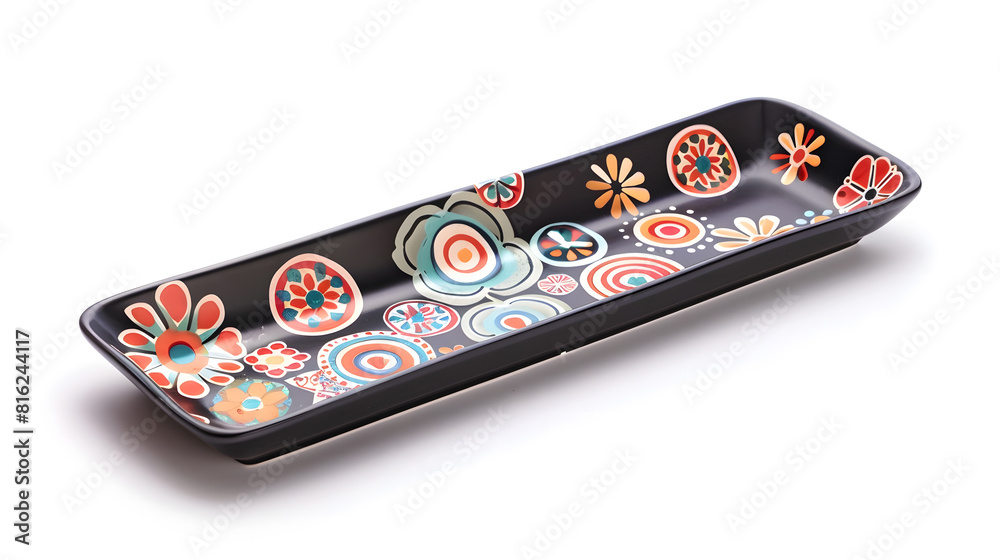Poster Empty rectangular plate Black ceramics plate with colorful pattern isolated on white background with clipping path Side view : Generative AI