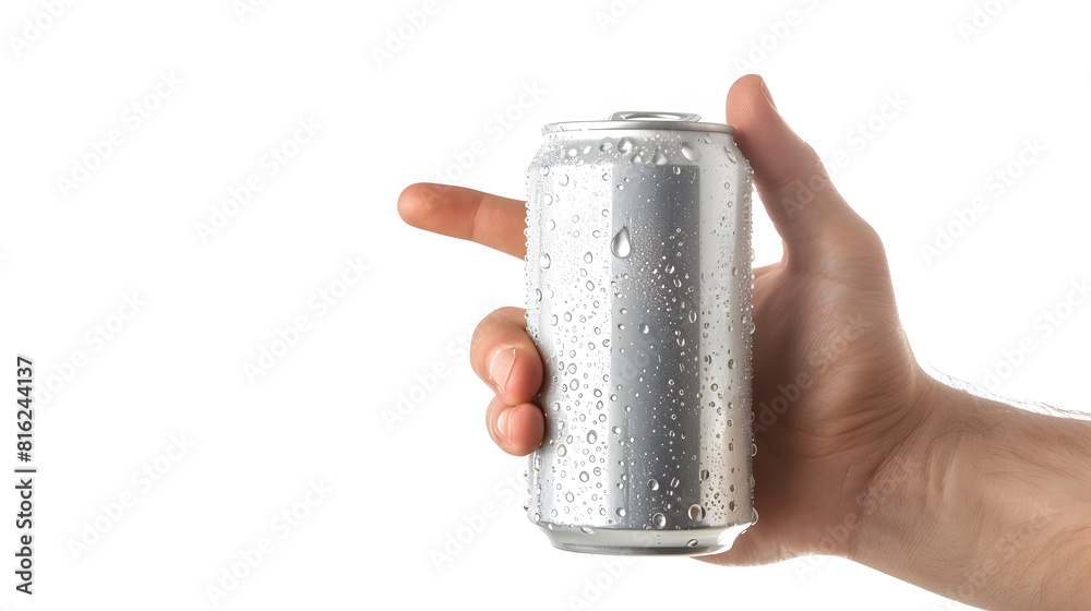 Aufkleber closeup of hand holding empty aluminum can with condensation isolated on white background front view