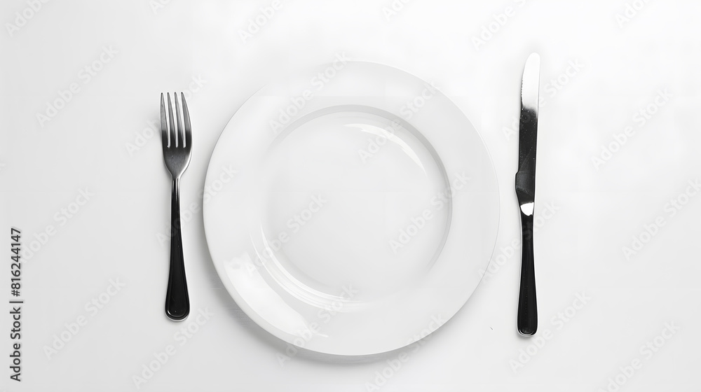 Poster White empty ceramic plate with fork and knife isolated on white background : Generative AI