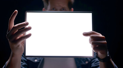 A man uses a laptop with a white isolated screen and shows his index fingers to the screen An empty...