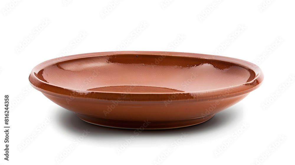 Poster side view closeup of brown ceramic plate isolated on white background with clipping path : generativ