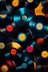 a photo of a collection of vinyl records that has been altered to add light leaks and scratches for...