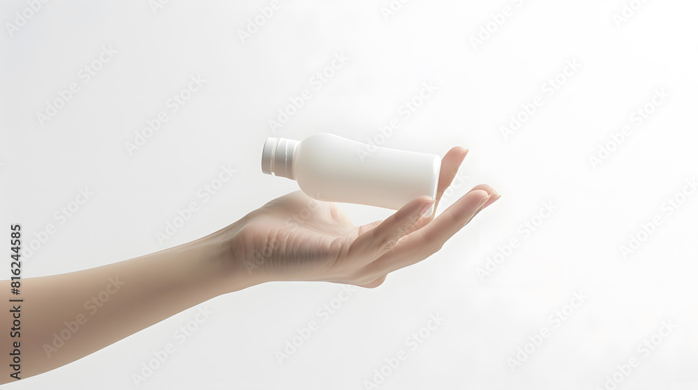 Poster close up woman hand holding something like a bottle or can isolated on white background with clippin