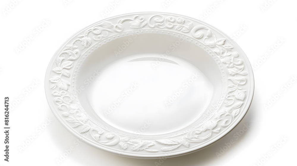 Poster empty vintage porcelain plate cutout textured white dish with a floral pattern isolated on a white b