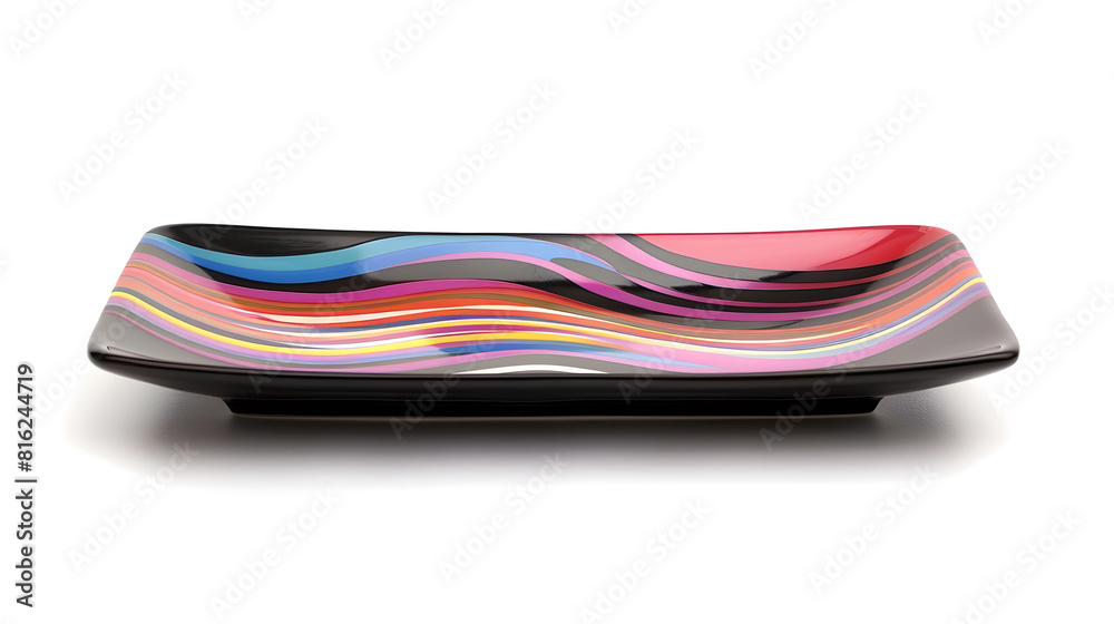 Aufkleber Empty rectangular plate Black ceramics plate with colorful pattern isolated on white background with clipping path Side view : Generative AI
