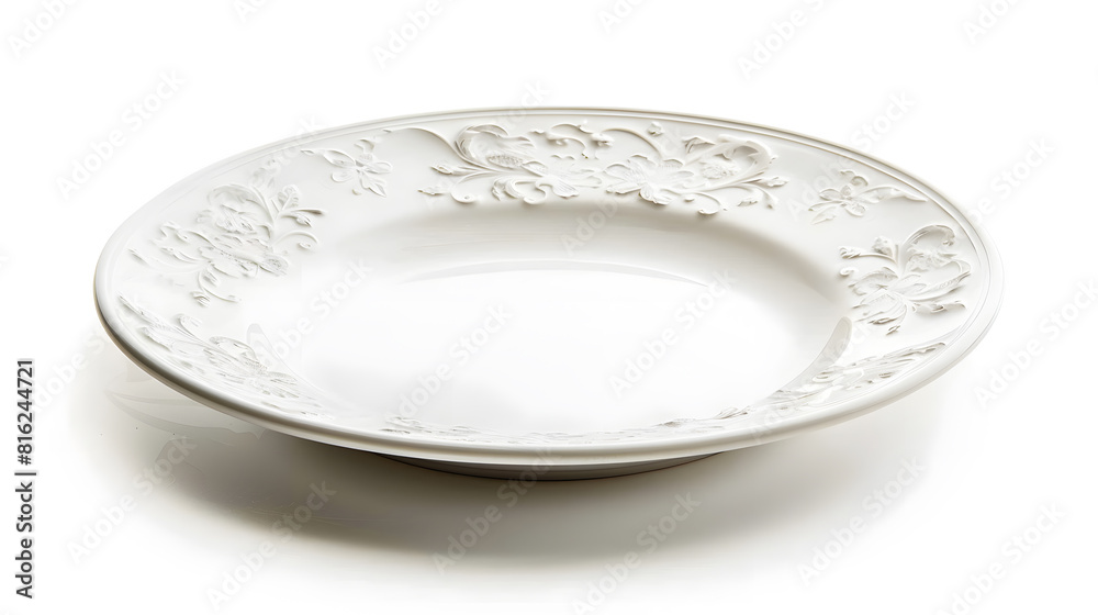 Aufkleber Empty vintage porcelain plate cutout Textured white dish with a floral pattern isolated on a white background Beautiful tableware crockery for food design Crockery concept Front view : Generative AI