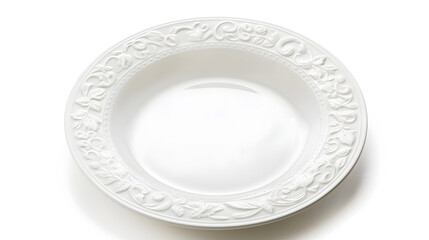 Empty vintage porcelain plate cutout Textured white dish with a floral pattern isolated on a white background Beautiful tableware crockery for food design Crockery concept Front view : Generative AI