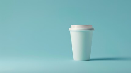 Mock up of a disposable paper coffee cup on blue background with space for text or design