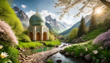 Beautiful, fantasy mosque in a spring forest aside a cobblestone path and a babbling brook