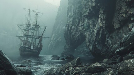 Vintage sailing ship with rocks and cliff in sea with fog