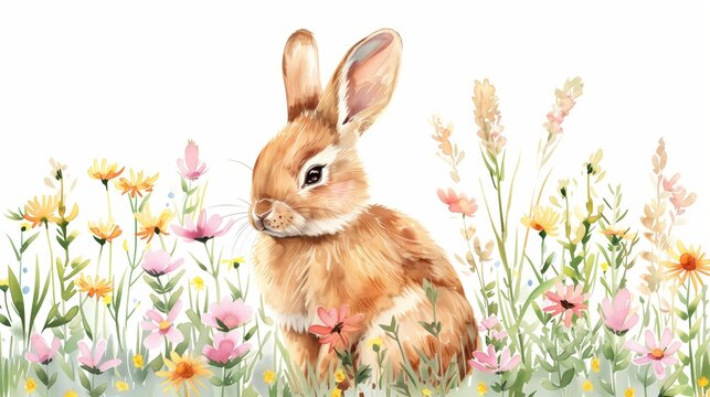 easter background - a bunny surrounded from easer eggs in watercolor painting design