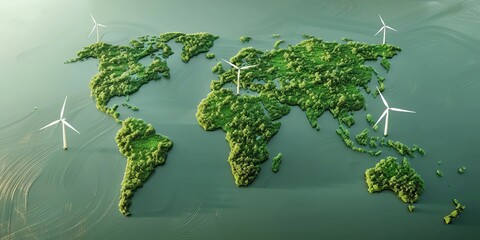 environment, flat design, global switch to renewable energy depicted on a world map