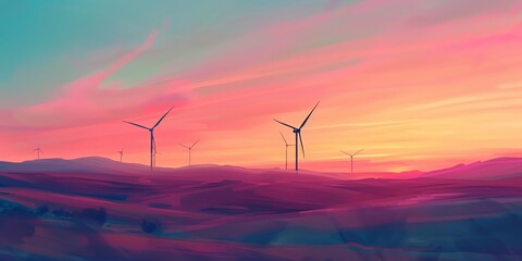 environment, water colors pastel, wind turbines on a misty hillside