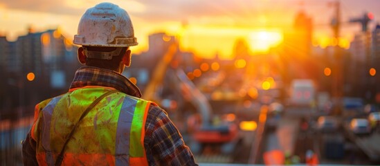 construction worker, looking out over a bustling construction site at sunset, safety gear
