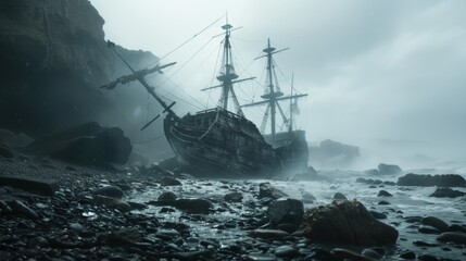 Obraz premium Abandoned ruin of a vintage sailing ship