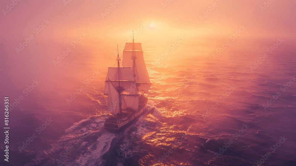 Wall mural sailing ship in sea water in heavy fog at sunset. - Wall murals