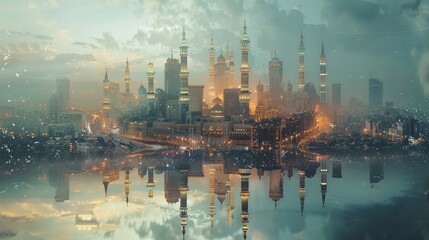 Naklejka premium Double exposure of Kaaba in Mecca and universum futuristic photo style design.