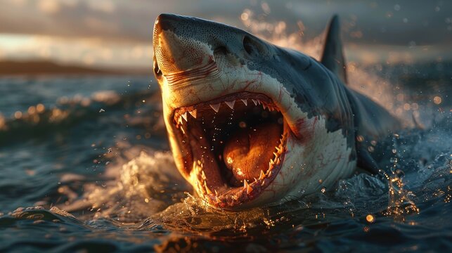 A great white shark with a scary open mouth