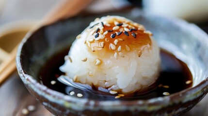 Close up of a rice cracker with soy sauce