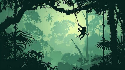 Beautiful vector landscape of a rainforest jungle with orangutan monkeys and lush foliage in nature environment.