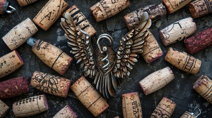 Overhead shot of a wing style corkscrew on a group of corks.