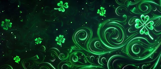 St. Patrick's Day abstract green background decorated with shamrock leaves. Patrick Day pub party celebrating. Abstract Border art design magic backdrop. Widescreen clovers on black with copy space.