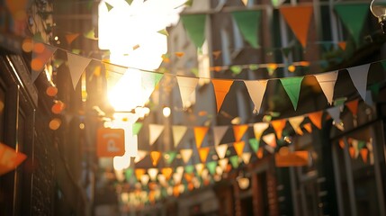 Fototapeta premium Garland with irish flag colors in a street of Dublin, Ireland - Saint Patrick day celebration concept