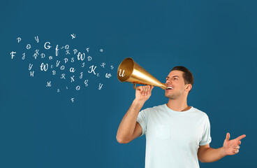 Man using megaphone on blue background. Letters flying out of device