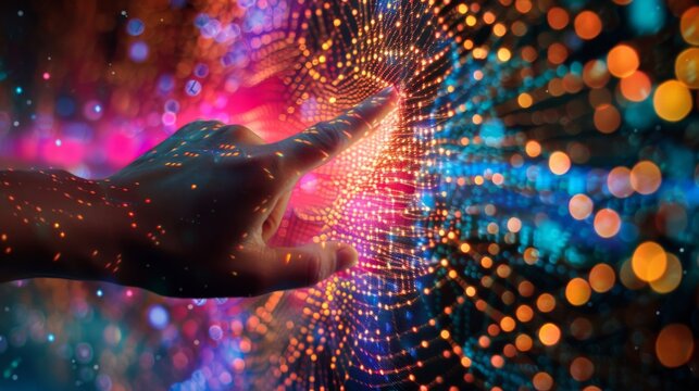 Hand touching digital data network and imagery on virtual screen, internet technology concept with finger pointing at colorful global mesh grid background