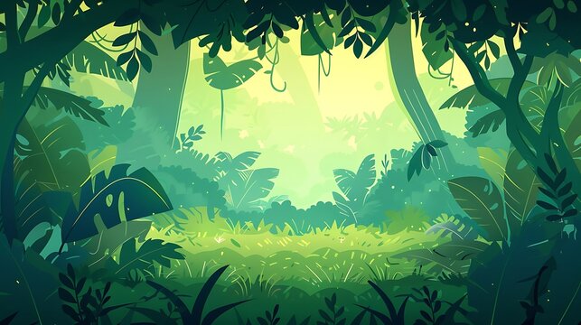 Fototapeta Seamless nature jungle cartoon wildlife and green palette landscape background vector illustration
