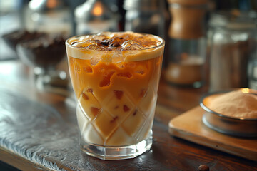 A glass of coffee with a swirl of cream on top