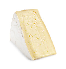 One piece of tasty camembert cheese isolated on white