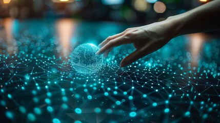 Hand touching on global network and data transfer concept with digital world background, abstract technology geometric pattern in the style of futuristic for business idea or internet communication