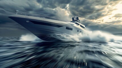 Obraz premium Fast moving luxury yacht in sea water with water splash.