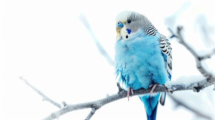 Budgerigar in blue color against a white backdrop