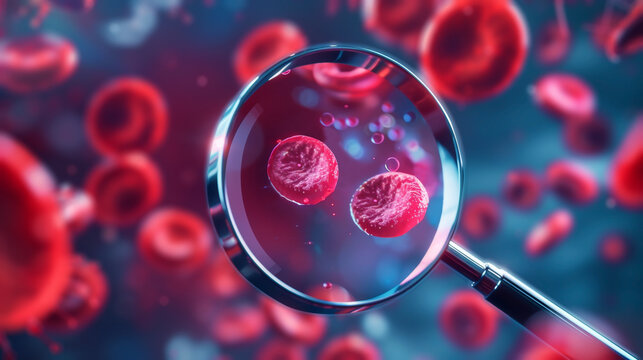 Close up view through a magnifying glass focusing on blood cells in a vial, highlighting medical research and diagnostics.