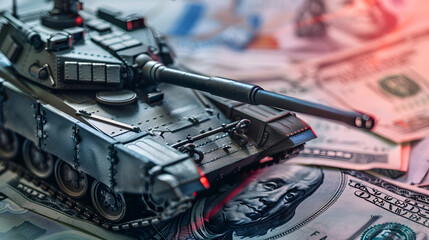 The main battle tank on US dollar bill banknotes background USA and China trade war and currency war concept US fights against terrorism or sells arms weapons to other countries concep : Generative AI